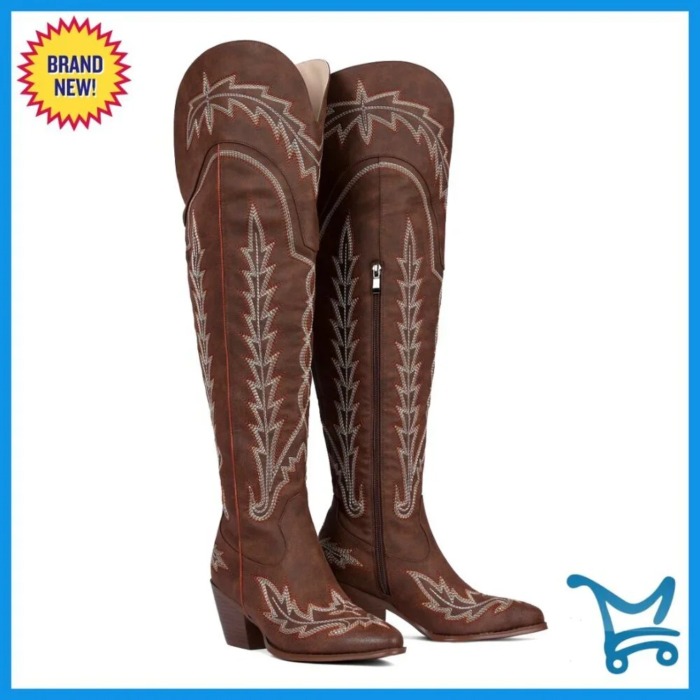 Thigh High Western Boots Pointed Toe Chunky Heel Side Zip Over Knee